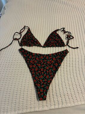 Skatie Black Floral String Bikini with Red Roses and Green Leaves